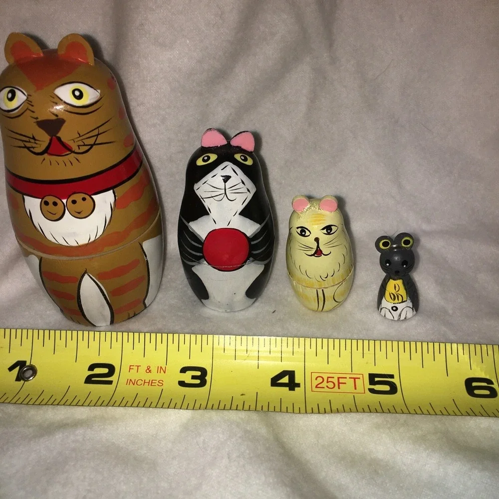 Cats Nesting Dolls Set of 4 Wood Kittens Mouse Russian